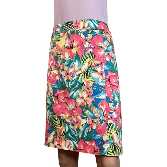 LOFT Cotton Skirt Hibiscus and Birds Colourful Finely Tailored Knee Length - Picture 2 of 11